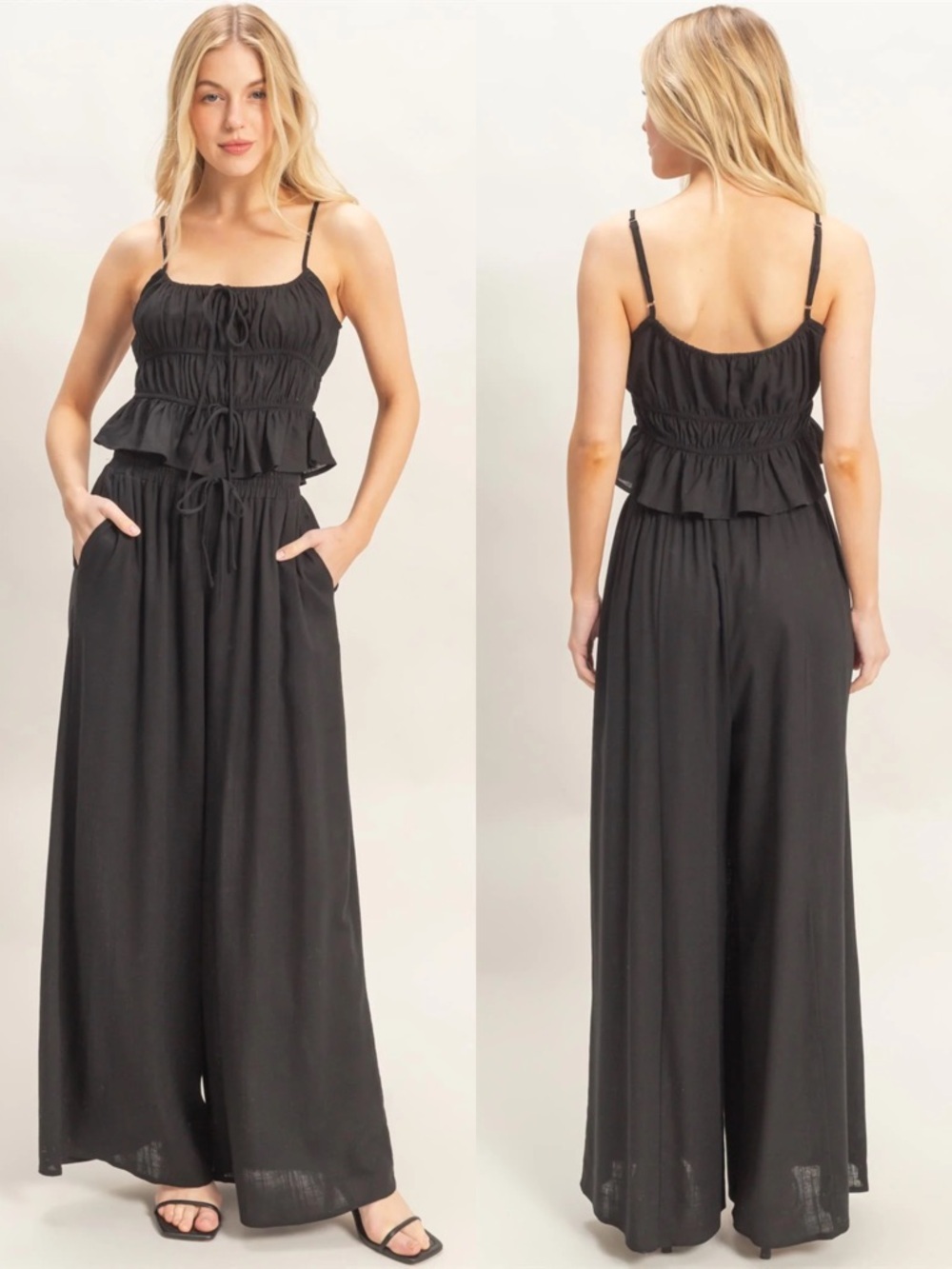 NEW HYFVE Black Tiered Tank Palazzo Pants Set Drawstring Linen Blend Size Medium